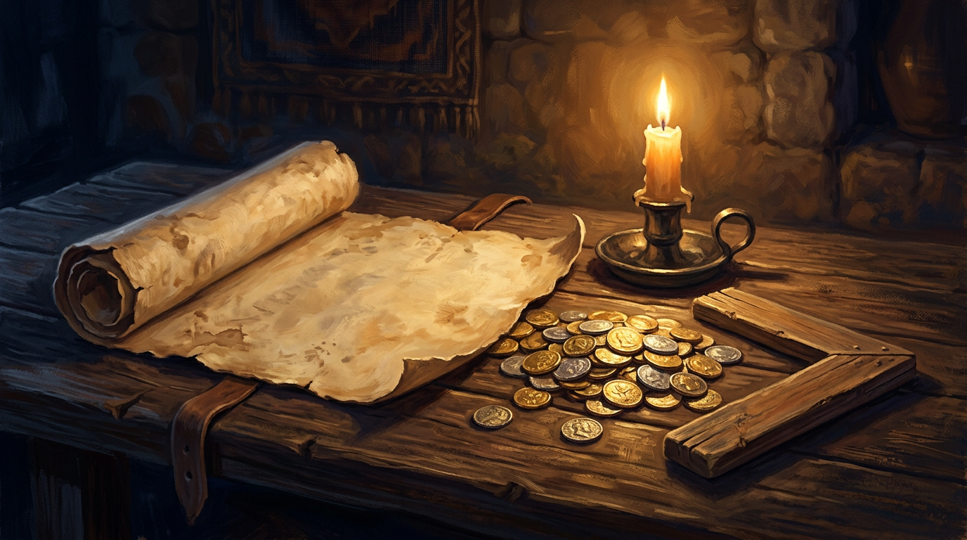 An ancient scroll and gold coins on a wooden table, symbolizing the Gospel of Matthew's origins and themes.