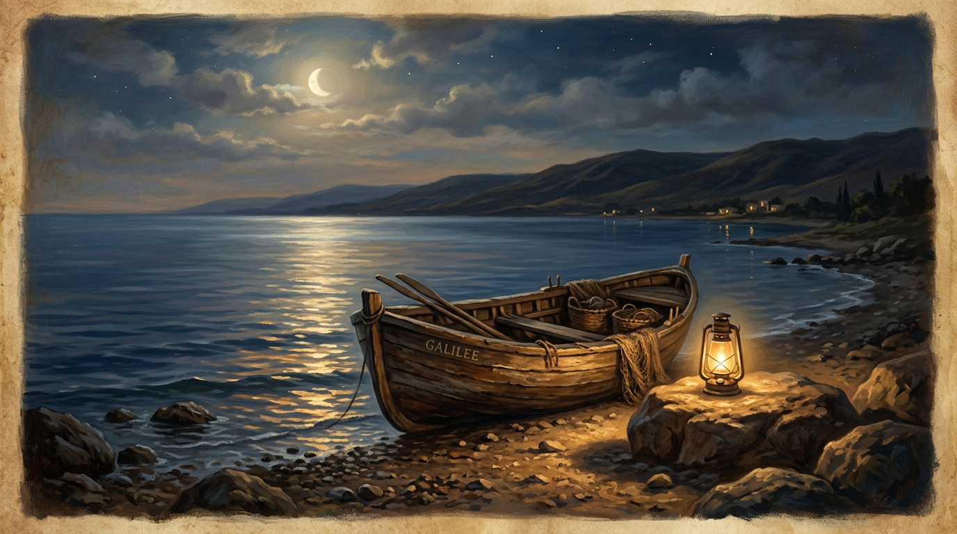 A peaceful oil painting of a small boat on the Sea of Galilee at night with a glowing lantern nearby.