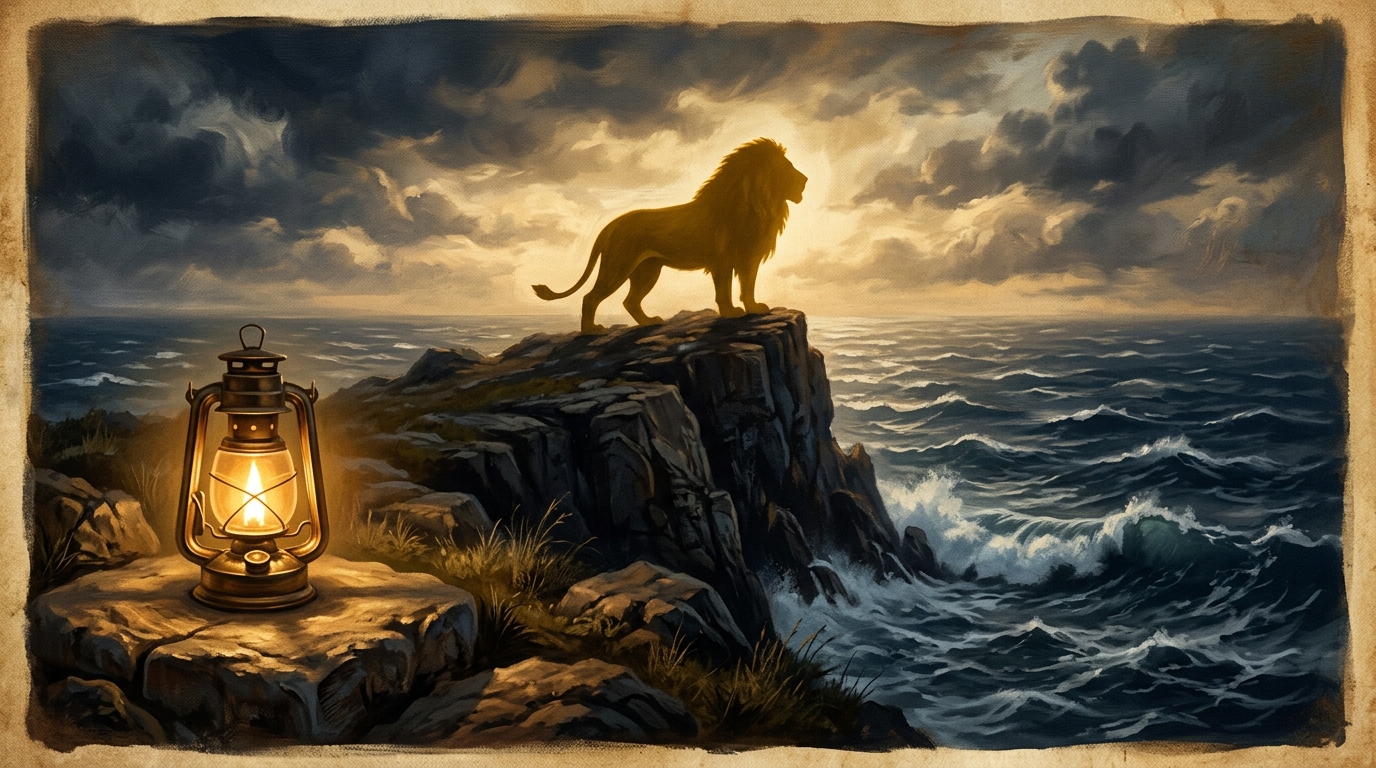 An oil lamp resting on a solid stone overlooking a stormy sea under a golden sunset, symbolizing the themes of 1 Peter.