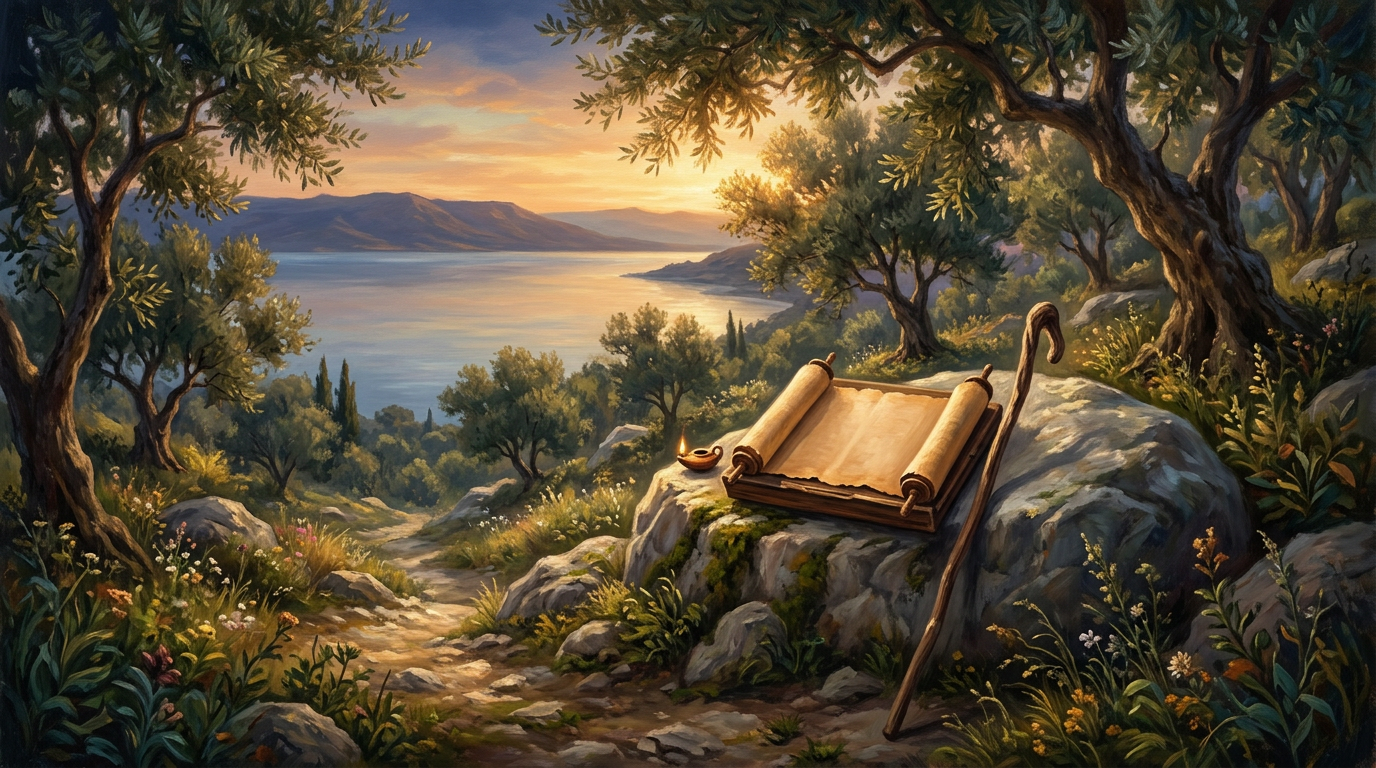 An ancient wooden staff and a scroll resting on a stone overlooking the Sea of Galilee at sunrise.